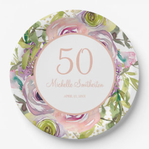 Lila Pink Floral Gold Glitzer 50. Geburtstag Pappteller