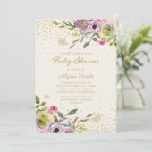 Lila Pink Floral Gold Glitzer Schmetterlinge Baby Einladung (Stehend Vorderseite)