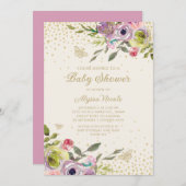 Lila Pink Floral Gold Glitzer Schmetterlinge Baby Einladung (Vorne/Hinten)