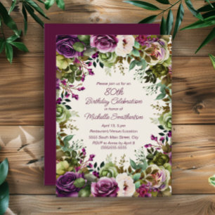 Lila Pink Floral Green Blätter 80. Geburtstag Einladung