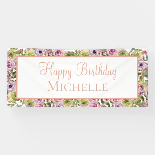 Lila Pink Floral Happy Geburtstag Banner (Horizontal)