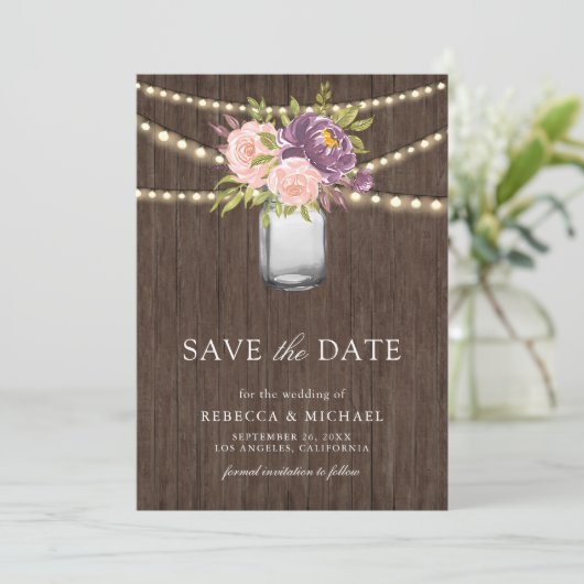 Lila Pink Floral Mason Jar Foto Hochzeit Save The Date (Stehend Vorderseite)