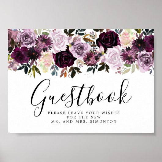 Lila Pink Floral Wedding Gästebuchzeichen Poster (Vorne)
