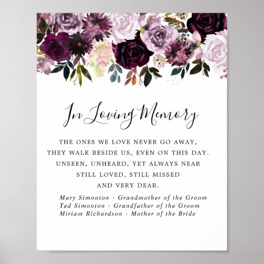 Lila Pink Floral Wedding Memorial Sign Poster (Vorne)