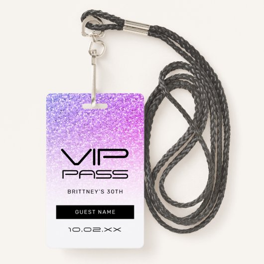 Lila Pink Glitzer Glam VIP Pass 30. Einladung Ausweis (Vorderseite mit Schlüsselband)