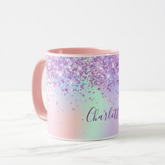Lila Pink-Glitzer-holografisches Namensskript Tasse (Vorderseite Links)