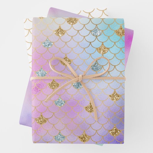 Lila Pink Gold Aqua Glitzer Meerjungfrau Sparkasse Geschenkpapier Set (Beispiel)