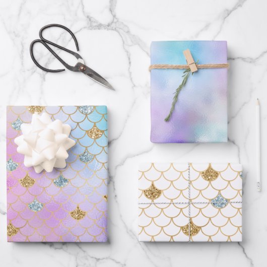 Lila Pink Gold Aqua Glitzer Meerjungfrau Sparkasse Geschenkpapier Set (Vorderseite)
