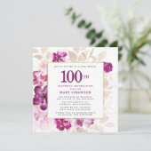 Lila Pink Gold Floral 100. Geburtstag Einladung (Stehend Vorderseite)