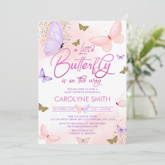 Lila & pink Gold Schmetterling Babydusche Einladung (Stehend Vorderseite)