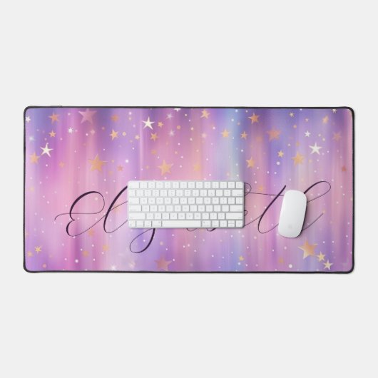 Lila Pink-Gold-Star-Shimmer-Script Personalisiert Schreibtischunterlage (Tastatur & Maus)