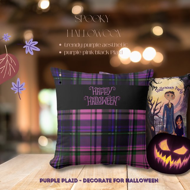Lila Pink Happy Halloween Kariert Kissen (Purple Pink Happy Halloween Plaid Throw Pillow)