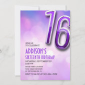 Lila Pink Holo Einladung zum 16. Geburtstag (Vorderseite)