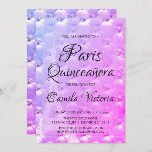 Lila Pink Paris Quinceñera Celebration Einladung (Vorne/Hinten)