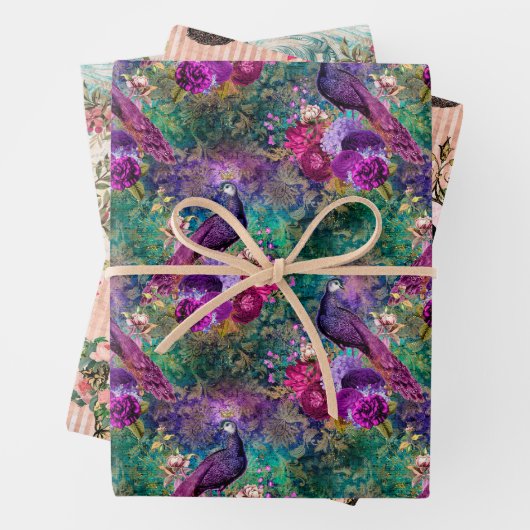 Lila Pink Peacock Floral Geschenkpapier Set (Beispiel)