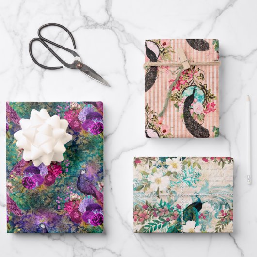Lila Pink Peacock Floral Geschenkpapier Set (Vorderseite)