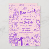 Lila Pink Quirky Hand Drawing Cowboy Halloween Einladung (Vorne/Hinten)