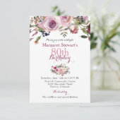 Lila Pink Rose 80. Geburtstag Einladung (Stehend Vorderseite)