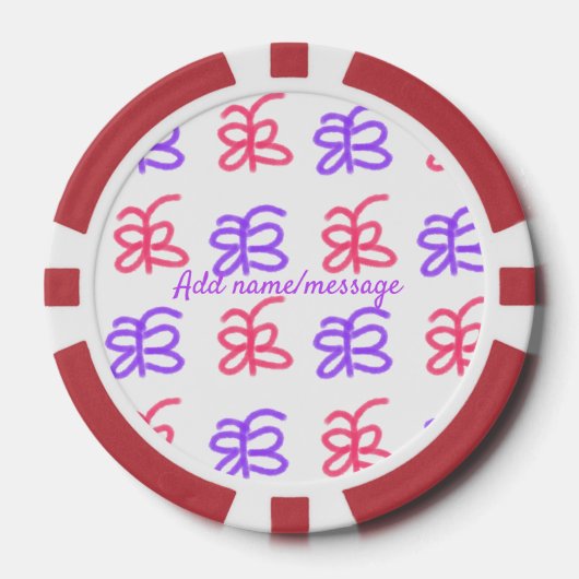 Lila Pink-Schmetterling-Doodmuster fügt Namenstext Pokerchips (Vorderseite)