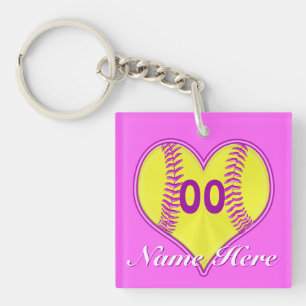 Lila-Pink-Softball-Schlüsselanhänger, NAME und NUM Schlüsselanhänger