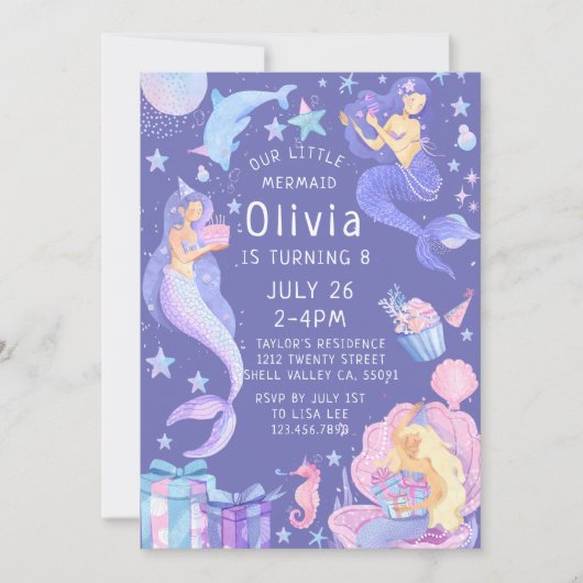 Lila/pink unsere kleine Meerjungfrau alle Altersst Einladung (Vorderseite)