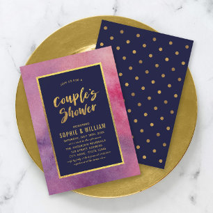 Lila Pink Wasserfarbe & Imitats Gold Couple Dusche Einladung