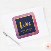 Lila Pink Wasserfarbe und Imitate Gold Liebe Hochz Quadratischer Aufkleber (Umschlag)