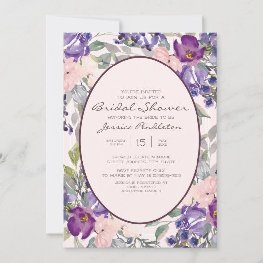 Lila Pink Watercolor Garten Blumenbeete Brautparty Einladung (Vorderseite)