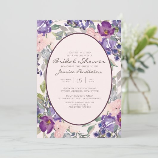 Lila Pink Watercolor Garten Blumenbeete Brautparty Einladung (Stehend Vorderseite)