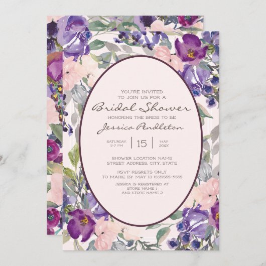 Lila Pink Watercolor Garten Blumenbeete Brautparty Einladung (Vorne/Hinten)