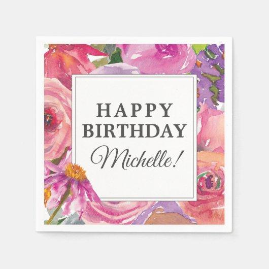 Lila Pink Watercolor Wildblume Happy Birthday Serviette (Vorderseite)