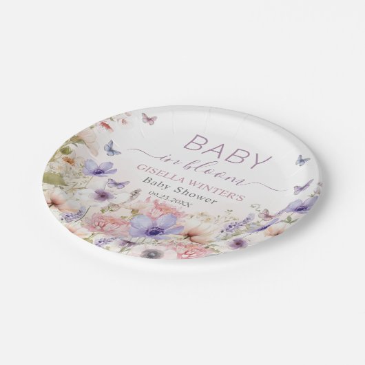 Lila Pink Wildblume Schmetterlinge Baby in Bloom Pappteller (Schrägansicht)