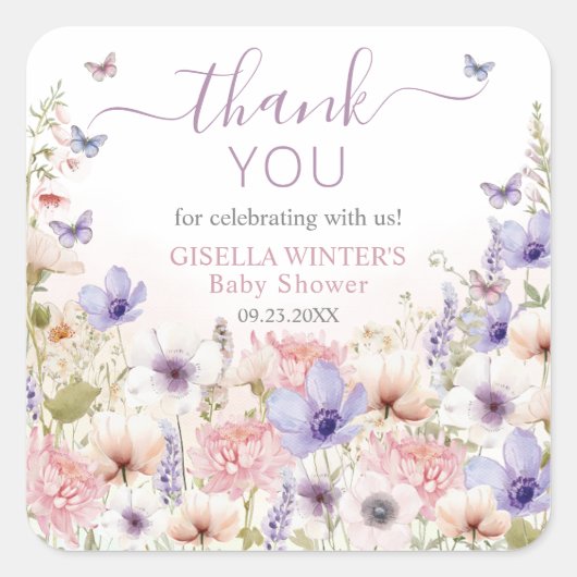 Lila Pink Wildblume Schmetterlinge Baby in Bloom Quadratischer Aufkleber (Vorderseite)