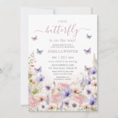 Lila Pink Wildblume Schmetterlinge Kinderdusche Einladung (Vorderseite)