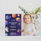 Lila Planeten Galaxie Einladungen mit Foto (Stehend Vorderseite)