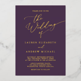 Lila Plum Gold Foil Monogramm Minimalistische Hoch Folieneinladung