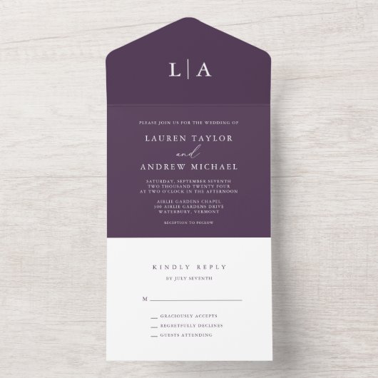 Lila Plum Minimalistisch Hochzeit All In One Einladung (Innen Boden)