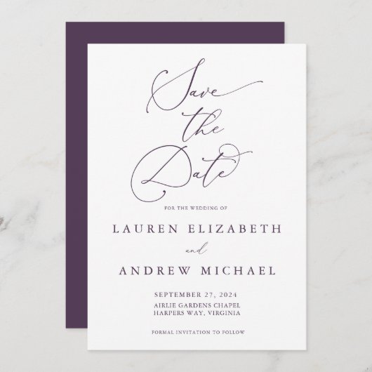 Lila Plum Modern Save the Date Minimalistisch Einladung (Vorne/Hinten)