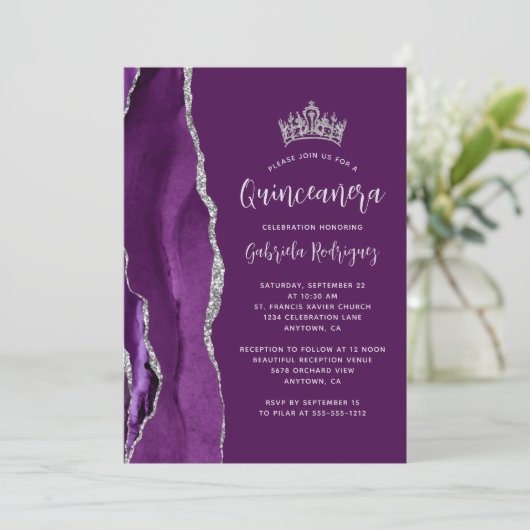 Lila Plum Silver Agate Quinceañera Einladung (Stehend Vorderseite)