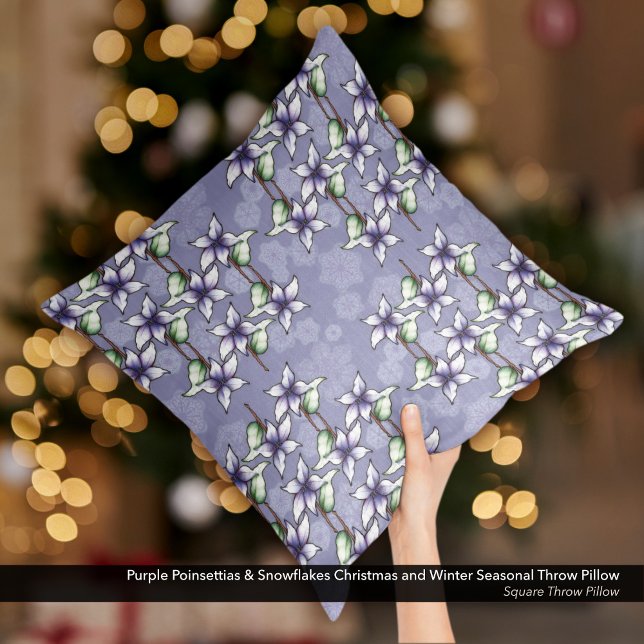 Lila Poinsettias & Snowflakes Weihnachten Kissen (Purple Poinsettias & Snowflakes Christmas and Winter Season Throw Pillow)