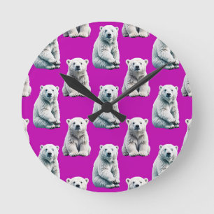 Lila Polarbär-Musterdesign Runde Wanduhr