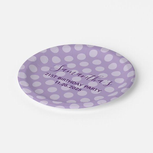 Lila Polka Dot 21. Geburtstag Pappteller (Schrägansicht)