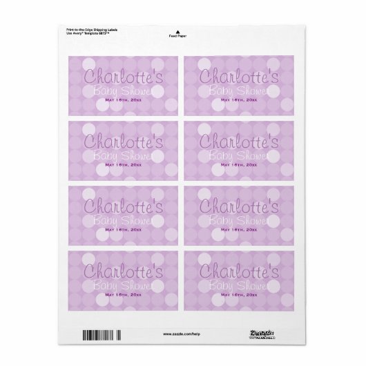 Lila Polka Dot Baby Dusche Wasserflaschen Etikette (Vorne)