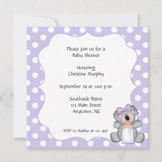 Lila Polka Dot Koala Bär Einladung (Vorderseite)