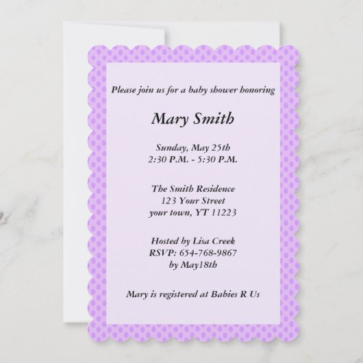 Lila Polka Dot Lace Heart Baby Dusche Einladung (Rückseite)