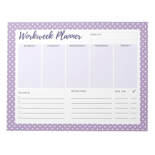 Lila Polka Dot Workweek Planer Notepad Notizblock (Vorderseite)