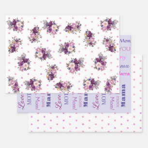 Lila Polka Dots Blume und Muttersprache Kunst Geschenkpapier Set