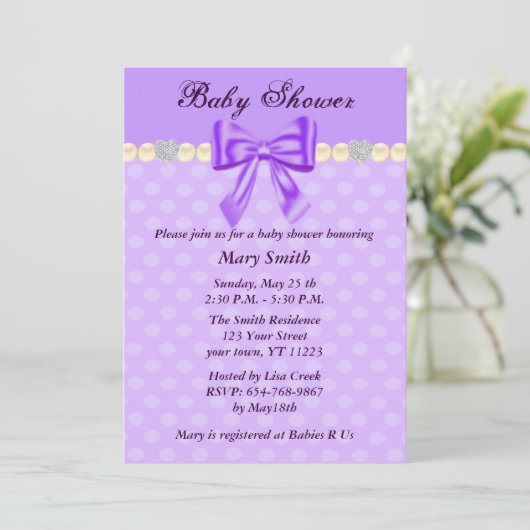 Lila Polka Dots Bow Kinderdusche Einladung (Stehend Vorderseite)