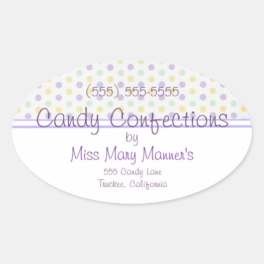 Lila Polka Dots Candy Label Ovaler Aufkleber (Vorderseite)