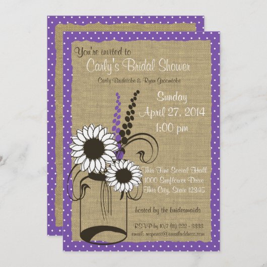 Lila Polka Dots Jar und Blume Brautparty Einladung (Vorne/Hinten)